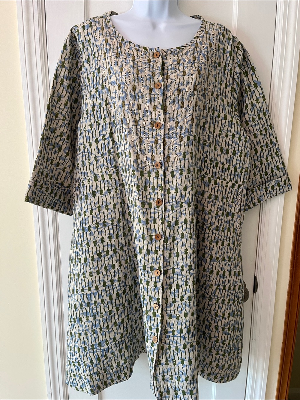 Linen Cotton Button Front Dress Women's 1W 18-20 Print Pockets Lagenlook Boxy